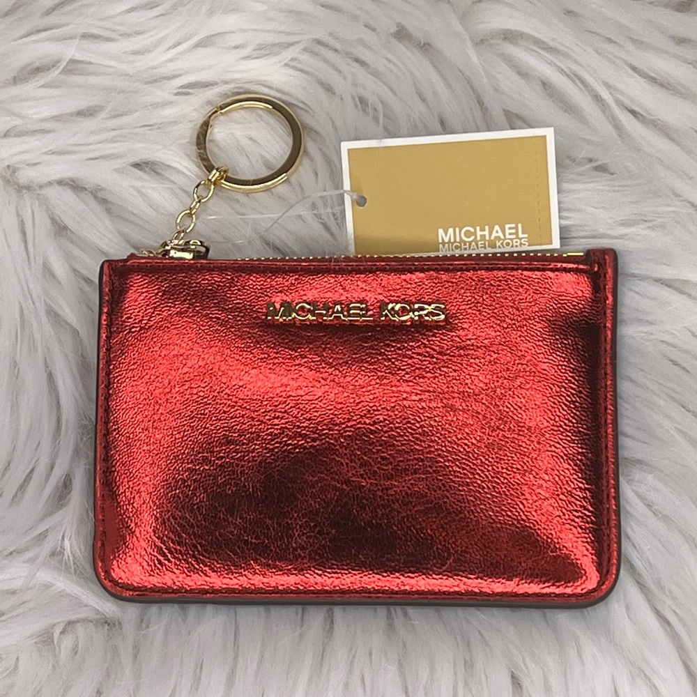 NWT Michael Kors Crimson Red Zip Coin Pouch Key Ring Wallet ‼️ LAST ONE ‼️